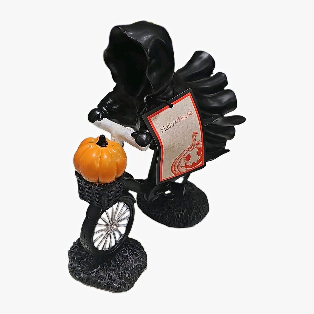HallowHome Halloween Grim Reaper Riding Bicycle Figurine Pumpkin Basket NWT
